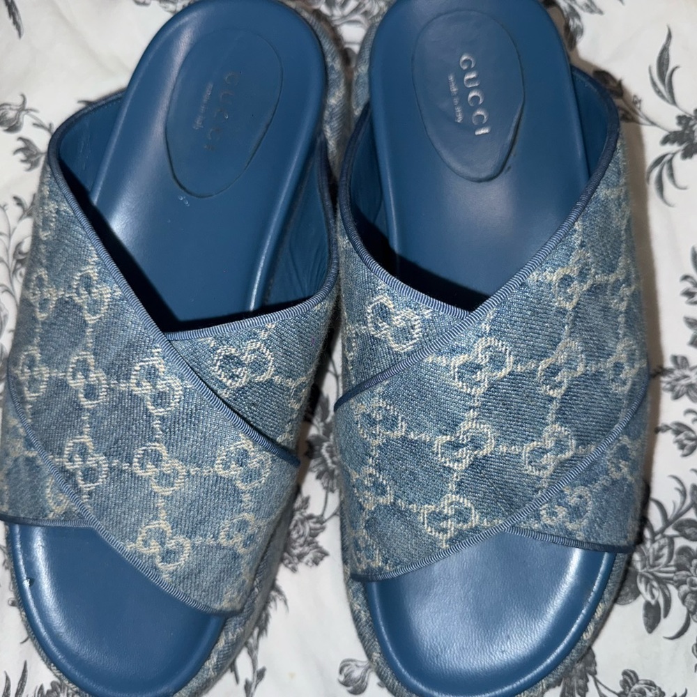 Gucci Blue Denim Monogram Platform Slides - Picture 2 of 9